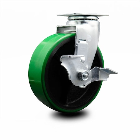 6 Inch Green Poly On Cast Iron Swivel Caster With Roller Bearing And Brake SCC
